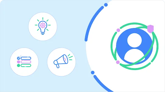 Abstract image of a digital identity surrounded by web technologies that protect online privacy, as well as icons illustrating feedback and innovation.