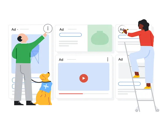 An illustration depicting two people and a dog labelling ads and pointing to the Ad Transparency Center