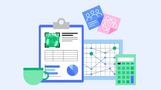 A clipboard showing an advertising campaign report, a line graph chart, a calculator and coffee mug
