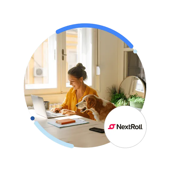 A photo of a woman working at home on her laptop with her dog next to her and a NextRoll logo